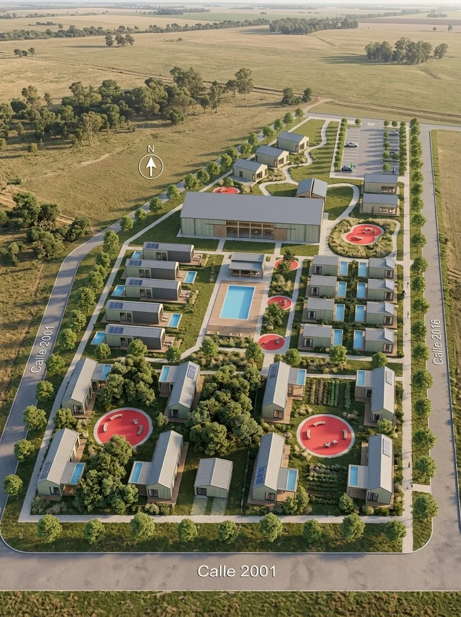 Render aéreo de la Aldea Turística Hytte en Lobos, Buenos Aires
