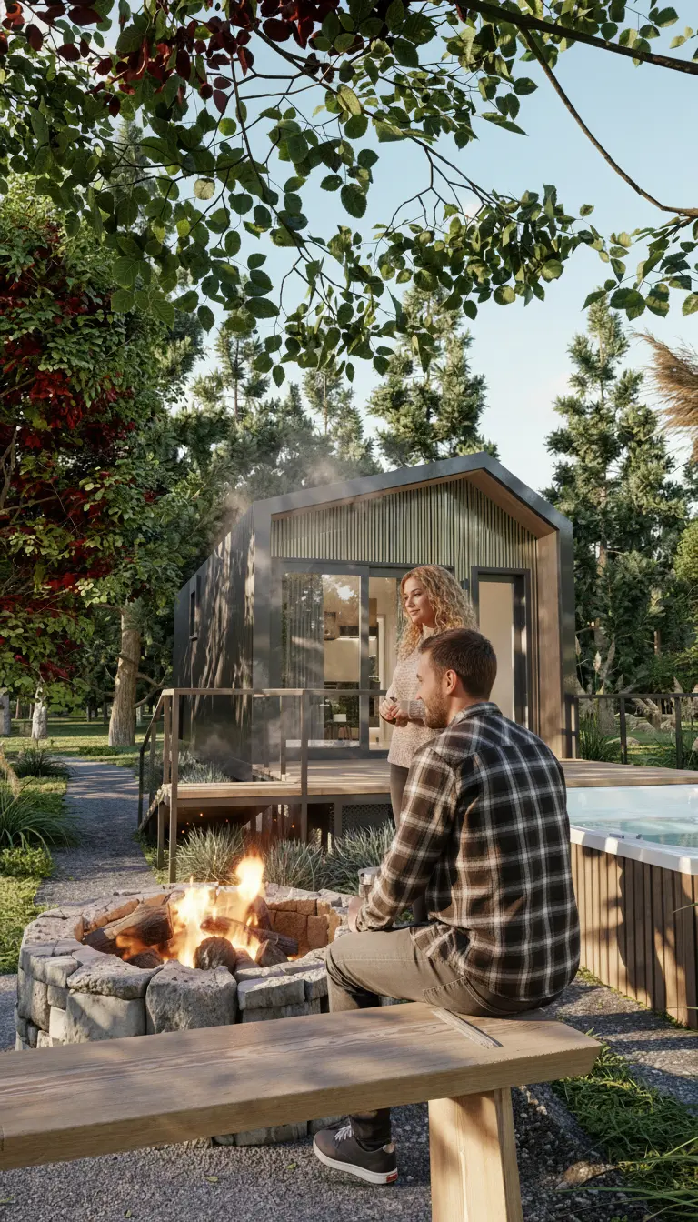Deck exterior del Litten Ørn con fogón y hot tub