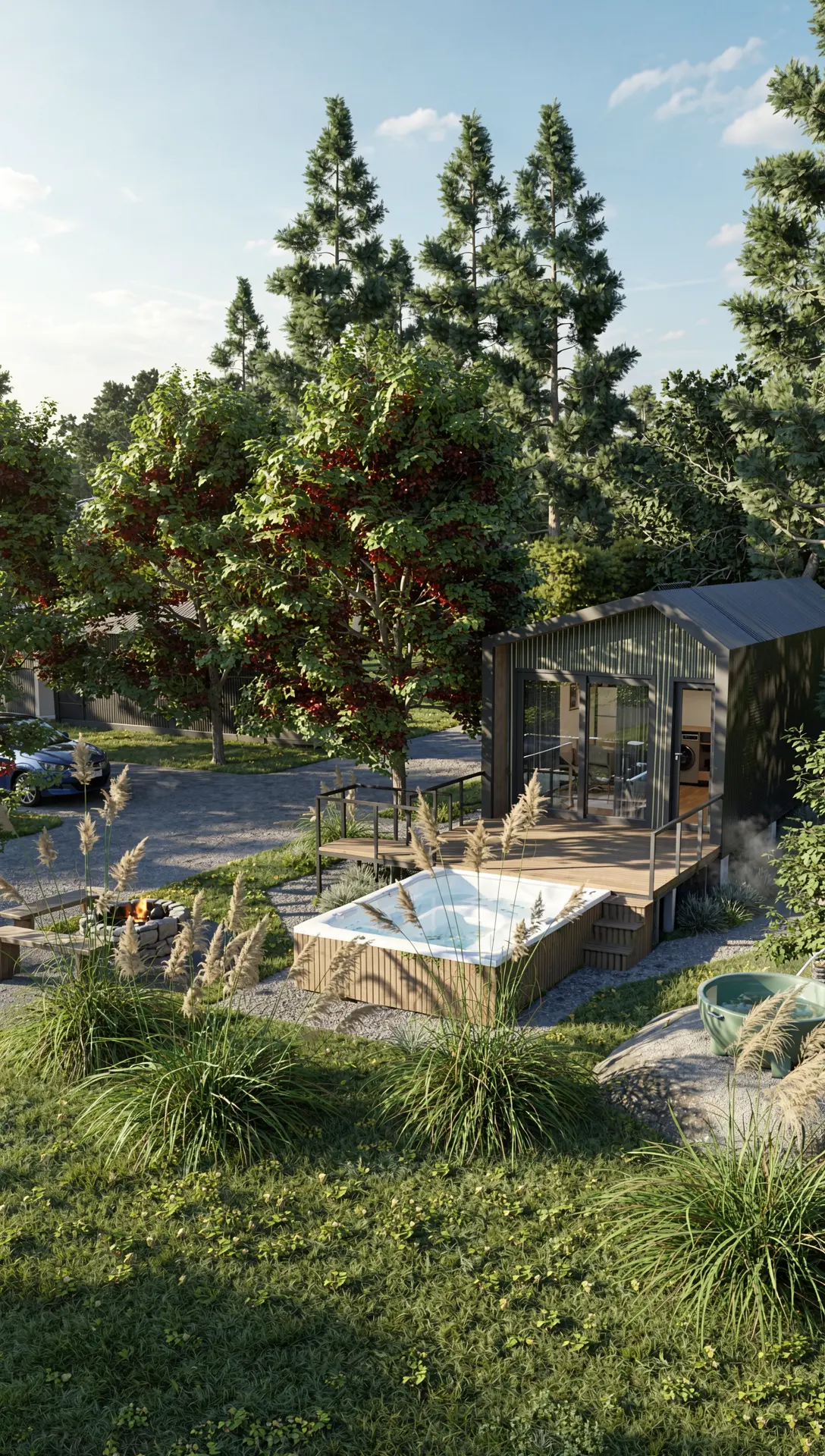 Exterior del refugio Litten Ørn con deck y hot tub