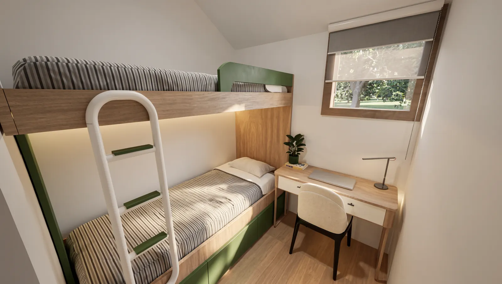 Segunda habitación del Store Ørn con cuchetas y escritorio
